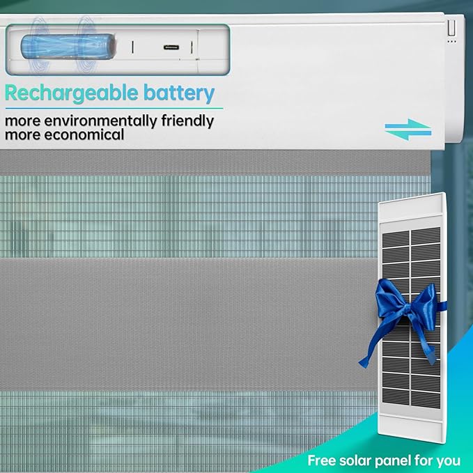 DENFOON Motorized Zebra Blinds, Solar Powered Dual Layer Automatic Shades with Remote Control, Rechargeable Smart Blinds Horizontal Wireless Electric Shades for Windows, Custom Size, Gray， 20 x 72