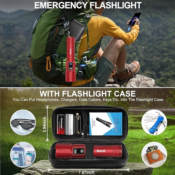 Rechargeable Flashlights High Lumens - Super Bright LED Tactical Flash Light, Powerful Waterproof Handheld USB C Flashlight for Camping,Emergencies,Home,5 Modes,Zoomable (2, Red)