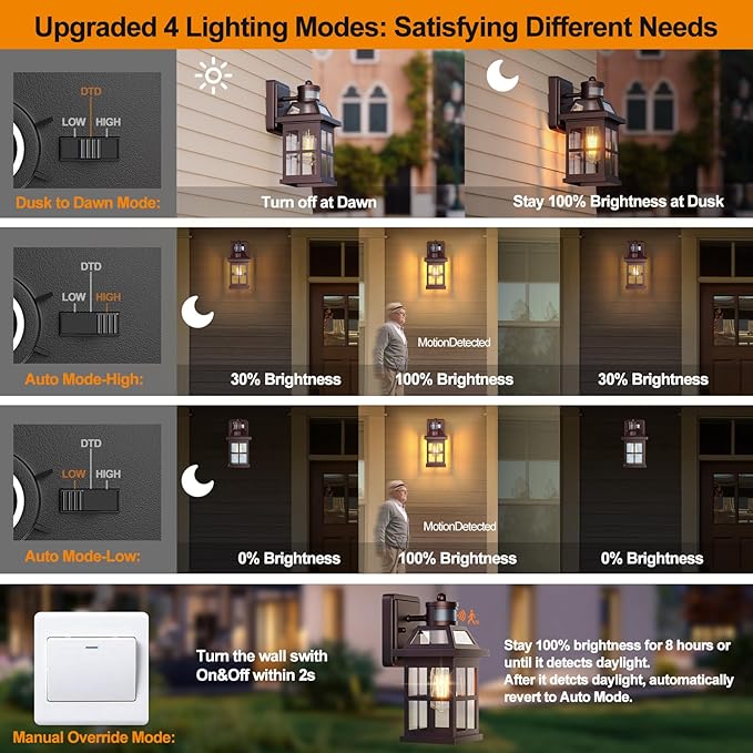 Bronze Outdoor Wall Lights with Motion Sensor, ETL Exterior Light Fixtures Waterproof 2 Pack, Anti-Rust Aluminum Porch Lights Dusk to Dawn Outdoor Lights Brown Lantern Sconces for House