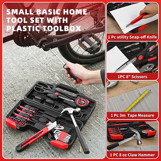 39 Piece Home Tool Kit General Household Hand Tool Set small tool box with Toolbox Storage Case for Everyday Home Repairs, Mini Tool kit for Women (Red)