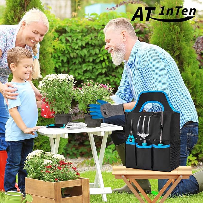 Garden Tool Set with Non Slip Rubber Grip,8 Piece Stainless Steel Gardening Tool Sets,Heavy Duty Outdoor Hand Tools with Bag,Uprooting Weeding Tool, Gifts for Women Men (Blue Garden Tools (11 Pcs))