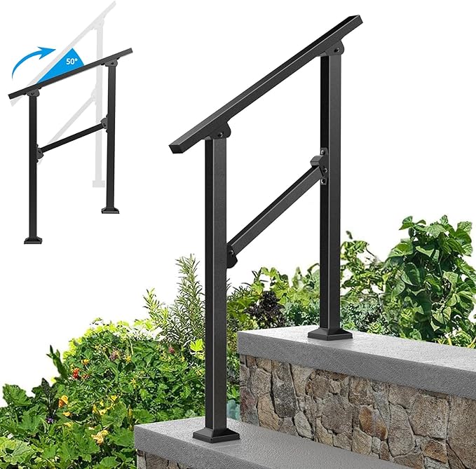 Outdoor Metal Handrails for Steps – Exterior Stair Railing for Concrete Steps, Porch, Adjustable, Easy to Install, 2 Step