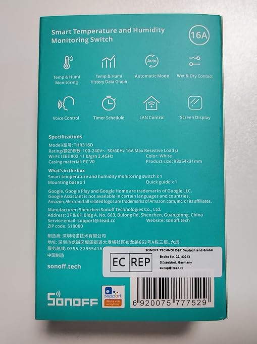 SONOFF THR316D Elite 16A Smart Switch with Temperature and Humidity Monitoring with LCD Screen, Compatible with Alexa/Google Home/IFTTT.