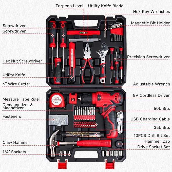 Tool Set - Tool Kit with 8V Cordless Drill, 132 Piece Tool Box with Drill, Home Tool Kits for Men & Women, Hand Drill Set Perfect for Homeowner, Diyer, Handyman - Red