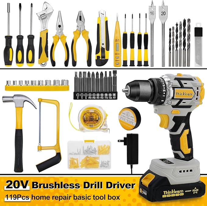 20V Brushless Drill Set, Cordless Power Drill with 2.0Ah Battery,119 PCS Combo Tool Kit for Men, 10mm 3/8" Keyless Chuck, 21+1 Torque Setting Power Tool Set for DIY Garden House Office Repair