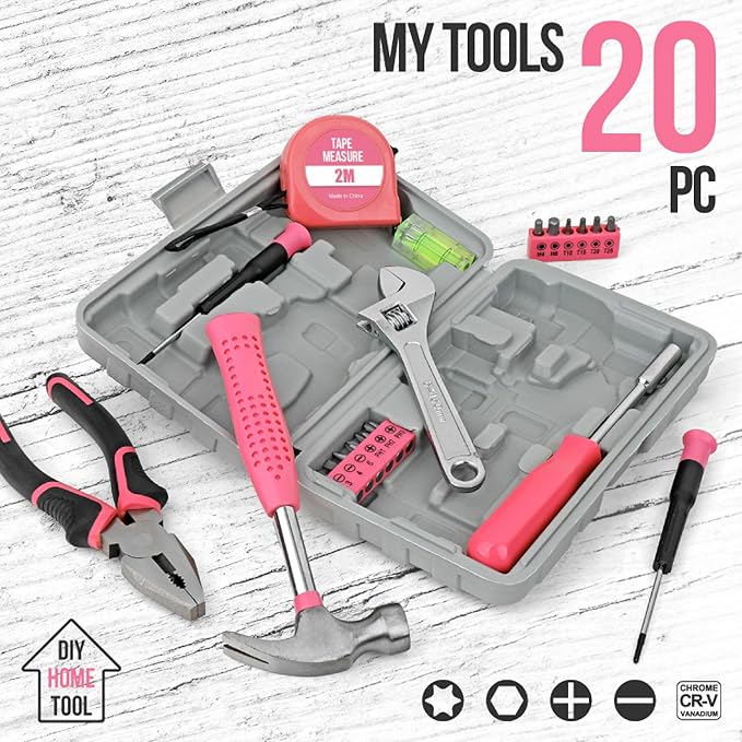 20 Pieces Home Tool Set, Basics Household Tool Kit with Small Mini Carrying Box for Men and Women DIY (Pink)