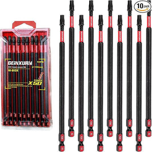 10 Pieces 6 In. T25 Impact Tough Magnetic Screwdriver Bit Set, #25 Torx Head Power Bits, S2 Alloy Steel Star Bits with Storage M-Box