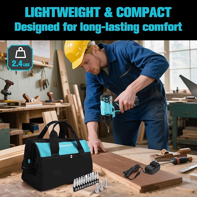 DURATECH 12V Cordless Impact Driver, 1/4” Electric Impact Driver with 11pcs Screwdriver Bits, 3pcs Nut-driver Bits, Variable Speed(0-2400RPM), LED Light, Tool Bag, Battery and Charger Included