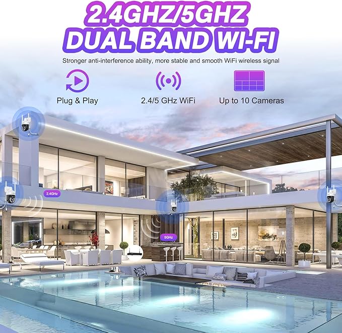 CKK [5G/2.4G WiFi, Upgrading 3K] 2Pcs Wireless Outdoor Security, CCTV PTZ Cameras with 5G/2.4G WiFi,3K 10-Channel NVR,Floodlights,Siren, 2-Way Audio, Color Night Vision, 24/7 Surveillance