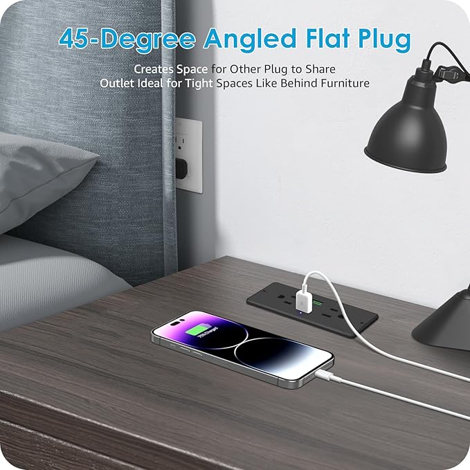 HHSOET 5 in 1 Recessed Power Strip Flat Plug, 45W Fast Charging Furniture Outlet with USB, Conference Recessed Socket with 2 AC Plugs, 2 USB Ports 1 USB-C, 6ft Power Cord. (Black)