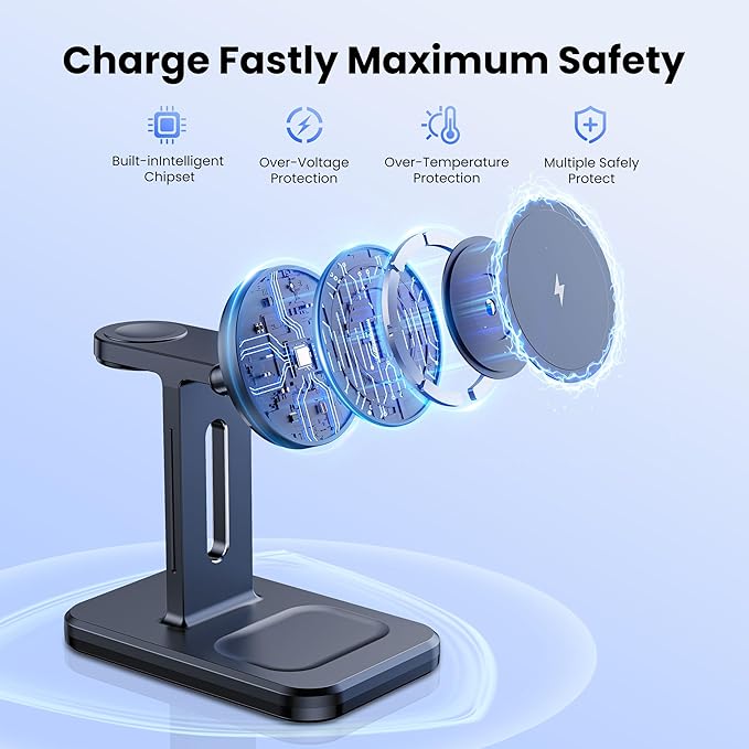 3 in 1 Fast Wireless Charging Station for Magsafe Apple Devices, Aluminum Alloy Charger Station with Adapter, Magnetic Charging Stand for iPhone 16/15/Pro/ProMax/14/13/12, Apple Watch & AirPods, Black