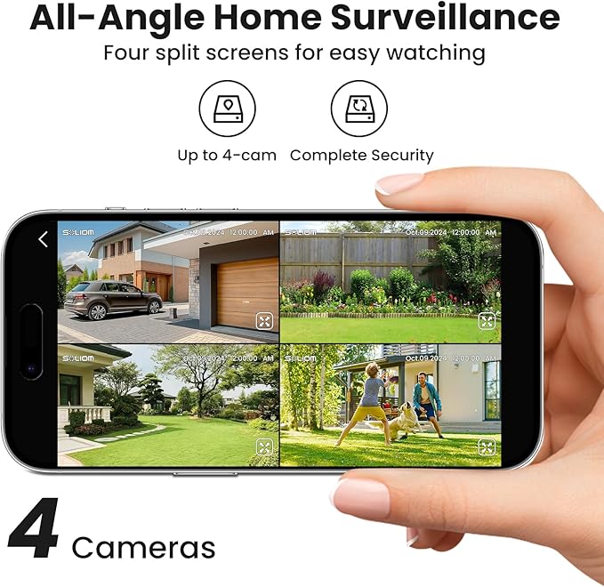 SOLIOM- 5MP Security Cameras Wireless Outdoor, No Subscription,4-Cam Pack, Solar Powered Home Security Camera with 360° Auto Tracking, Pan & Tilt, 3K Color Night Vision,5G & 2.4G Router Compatible