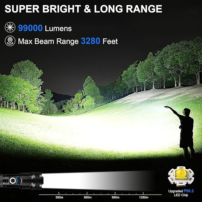 3 Pack Rechargeable Flashlights High Lumens, 99000LM Super Bright LED Flashlight, Adjustable Powerful Flash Light with 5 Modes & USB Cable, Waterproof Handheld Flashlight for Home Camping Outdoor