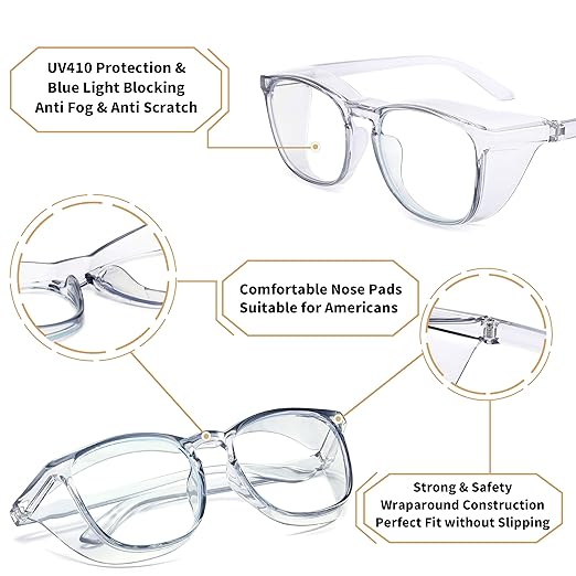 Alsenor Safety Glasses Anti Fog Goggles Protective Eyewear Blue Light Blocking Anti Dust UV Protection Glasses For Men Women (2 Pack (Blue + Grey))