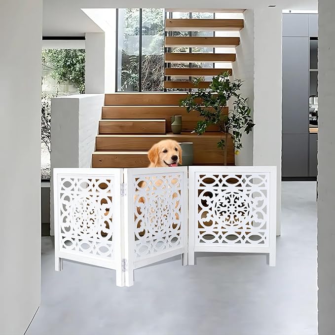 Wooden Freestanding Foldable Dog Gate – 3 Panels, Extra Wide, 24'' Height, Decorative Pet Gate for Doorways, White