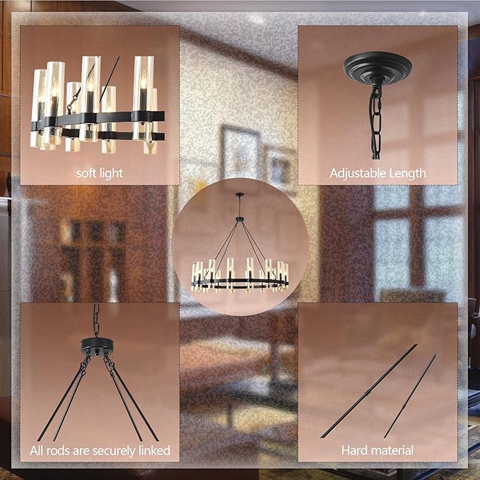 48 Inch Black Wagon Wheel Chandelier, 16 Lights, with Brown Glass Shade, Large Hanging High Ceilings Chandeliers for Dining Room Kitchen Foyer Entryway Living Room