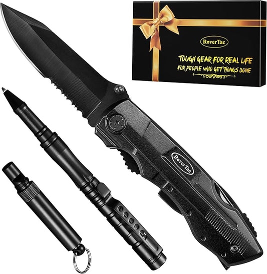 RoverTac Pocket Multitool Knife Multi Tool Set, 15-in-1 Multitool Knife, Tactical Pen with Glass Breaker, Emergency Whistle, Perfect for Camping Hiking Survival Fishing Car tool Kit, Gifts for Men