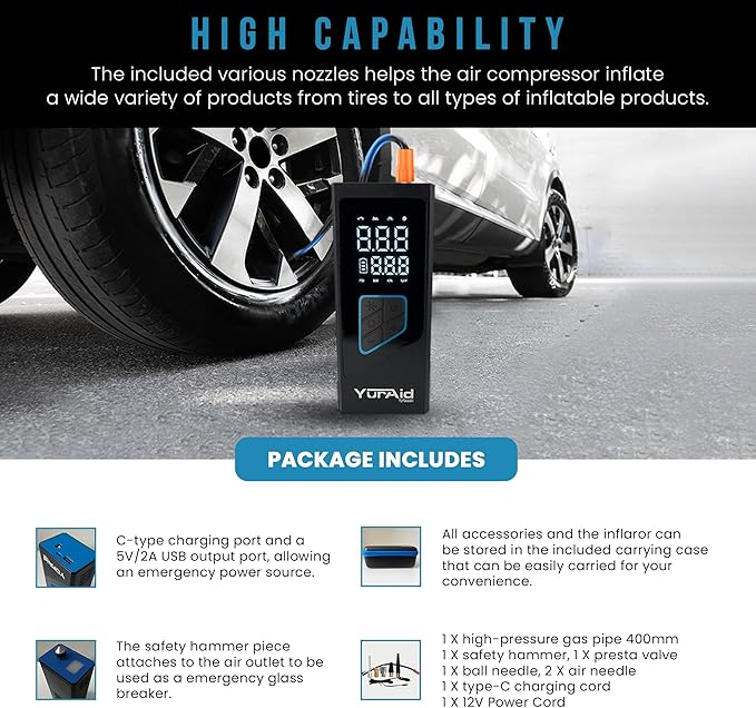 Premium Portable Tire Inflator for car 150PSI Wheel & Tire Air Compressors & Inflators Tires For Vehicles With Battery, Fast Electric & Digital Tire Pressure Pump Gauge For Car, Bike, Motorcycle