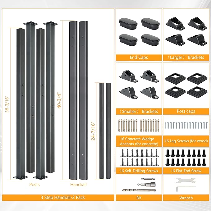 DIYHD 3 Step Handrail for Outdoor,Powder Coated Iron Stair Railing,Black Hand Rails for Indoor, Porch,Deck,2 Pack