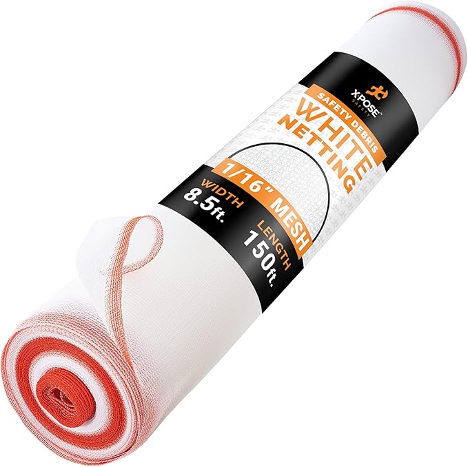 Construction Safety Debris Netting - 150 Ft Temporary Material Roll, 1/16" Mesh Scaffold Net Enclosure, Barricade, Visibility Barrier, Fencing Roll, Heavy Duty Fire Retardant 8.5 ft x 150 ft, White