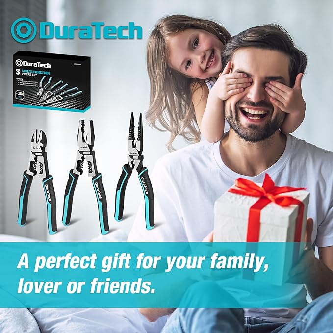 DURATECH 3PCS Pliers Set, Large 6 in 1 Multifunctional Wire Stripper Crimper Cutter, 8.5" Long Nose Pliers, 8.5" Linesman Pliers, 8" Diagonal Side Cutting