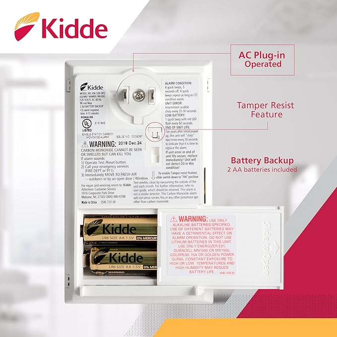 Kidde Carbon Monoxide Detector, Plug In Wall with AA Battery Backup, Test-Hush Button