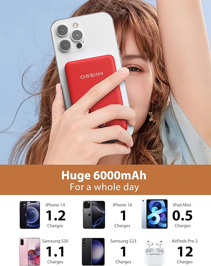 6000mah Ultra Slim Built in Cables Power Bank, Card Size Built in USB C Cords Battery Pack Portable Charger for Phones, 3 Output External Battery Pack Compatible with iPhone, Samsung, Google, Red