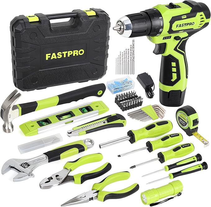FASTPRO 160-Piece Home Tool kit with Drill, 12V Cordless Lithium-ion Drill Driver and Household Repairing Tool Set with Storage Case, For DIY, Home Maintenance, Green
