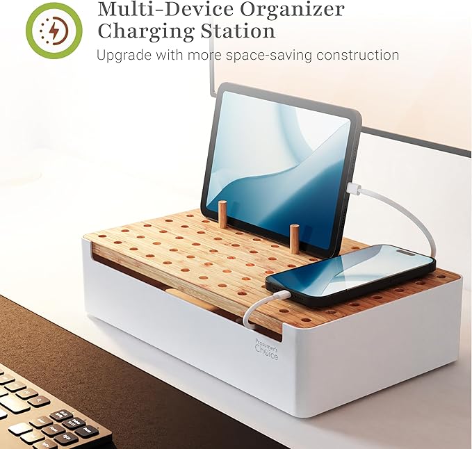 Prosumers Choice Bamboo Charging Station for Multiple Devices - Wooden Charger Organizer with Removable Dividers for Phones, Tablets, and Laptops - 11 Inch Cable Organizer Box - Space-Saving Desk Dock