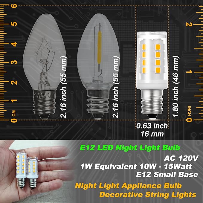 E12 LED Candelabra Base Night Light Bulb 1 Watt Equivalent 10W 15W, AC120V 150lm 2700K Warm White C7 E12 Small Bulbs for Salt Lamp Appliance Bulb Decorative String Lights, Non-dimmable, 4 Pack