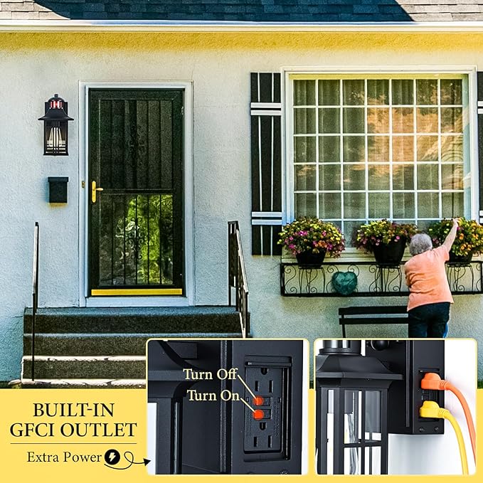 Motion Sensor Porch Light with Outlet, Outdoor Wall Lights Exterior Dawn to Dusk Outdoor Light Fixture with Outlet for House Patio Garage