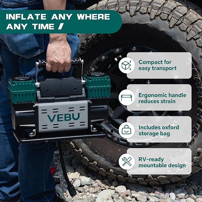 Heavy Duty Air Compressor 12V Tire Inflator, Dual Cylinder 125PSI with In-line Pressure Gauge, 10.6CFM Fast Inflation for Off-road Vehicles, Trucks, SUVs, RVs, ATVs, DC Power, Corded Electric