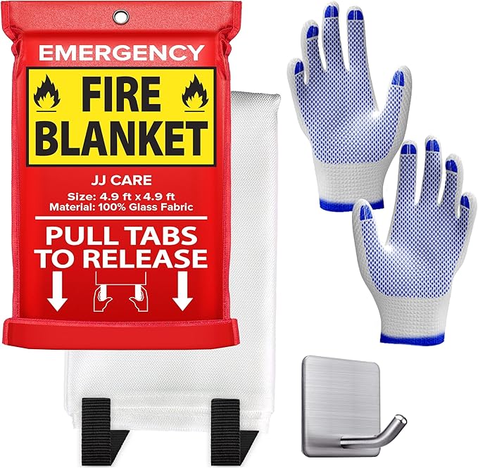 JJ CARE Fire Blanket – (Large) 4.9x4.9ft with Hooks & Gloves, Fire Blankets Emergency for Home and Kitchen, High Heat Resistant and Flame Protection for Kitchen, Car, Office, Camping & Home Safety