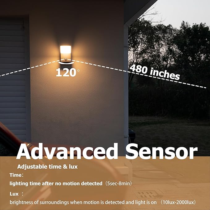 Outdoor Wall Light Motion Sensor Porch LED Exterior Lights Fixture Sconce Black Modern Aluminum Lamps Front Door Lantern for Patio Garden Garage Fence Yard