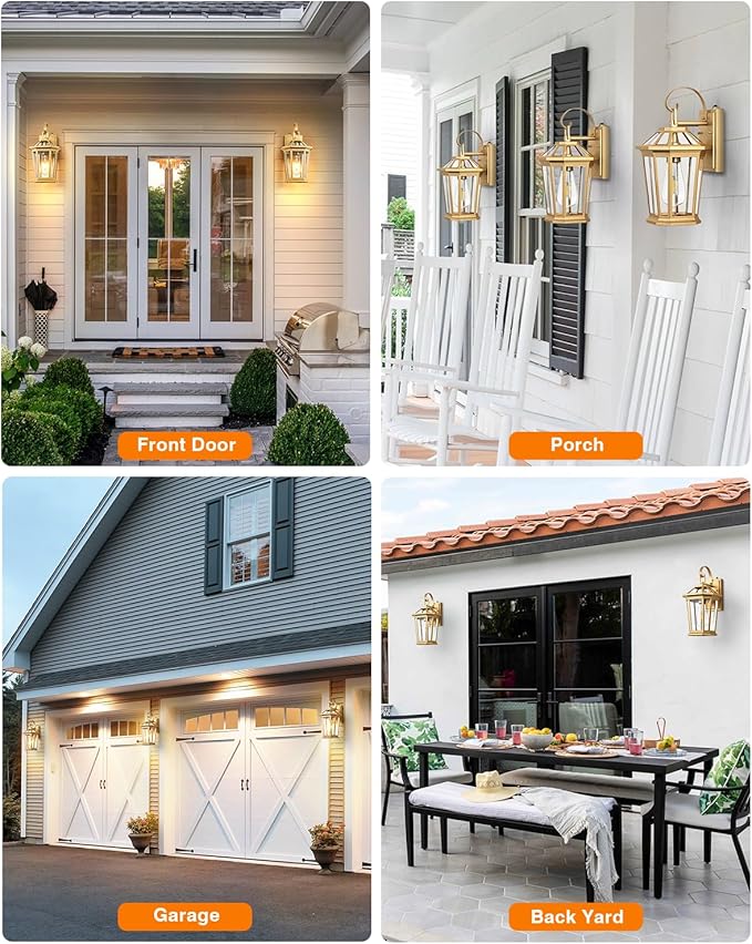 VIANIS Dusk to Dawn Outdoor Wall Lanterns, Modern Golden Exterior Lighting Fixtures Wall Mount Sconces, 100% Aluminum Waterproof Gold Porch Lights, Outside Coach Lantern for House Patio Garage, 2-Pack