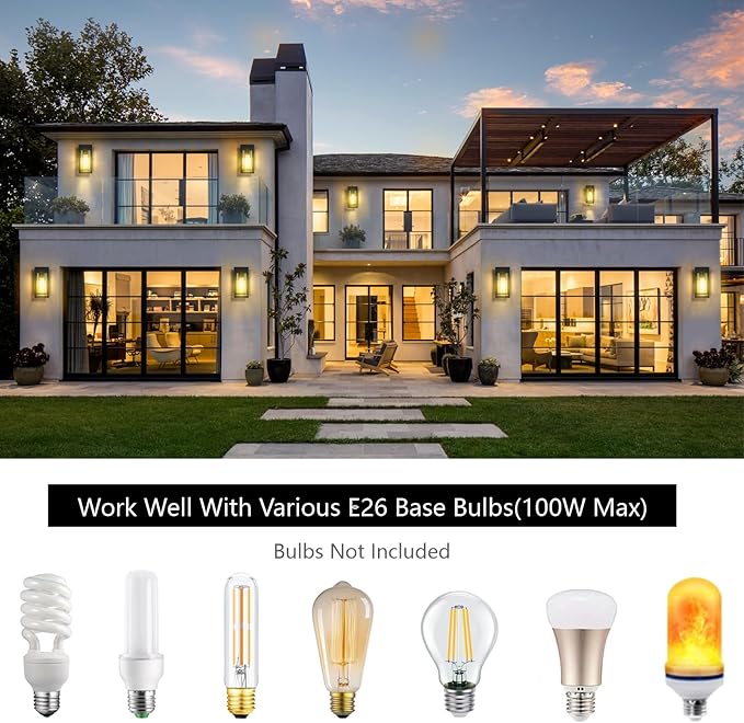2-Pack Outdoor Wall Light Fixtures, Exterior Waterproof Lanterns, Porch Sconces Wall Mounted Lighting with E26 Sockets & Glass Shades, Modern Matte Black Wall Lamps for Patio Front Door Entryway