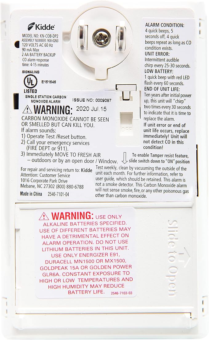 Kidde Carbon Monoxide Detector, Plug In Wall with AA Battery Backup, Test-Hush Button
