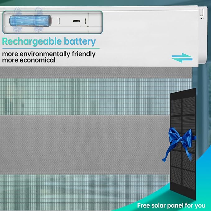 DENFOON Motorized Zebra Blinds, Solar Powered Dual Layer Automatic Shades with Remote Control, Rechargeable Smart Blinds Horizontal Wireless Electric Shades for Windows, Custom Size, Gray， 48 x 72