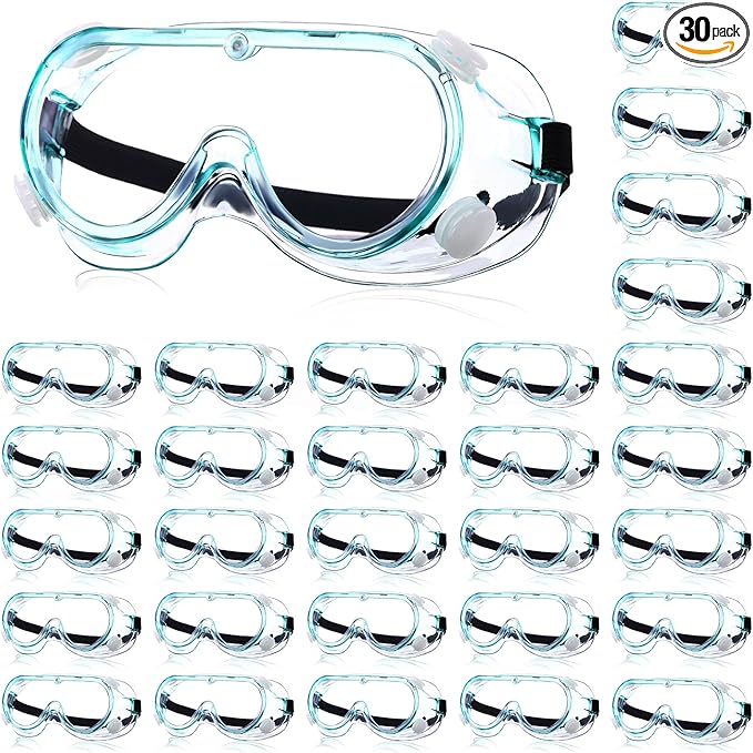 Yunsailing 30 Pack Protective Safety Goggles Clear Lab Over Glasses Anti Fog Eye Protection Goggles for Men Women(Clear Green)