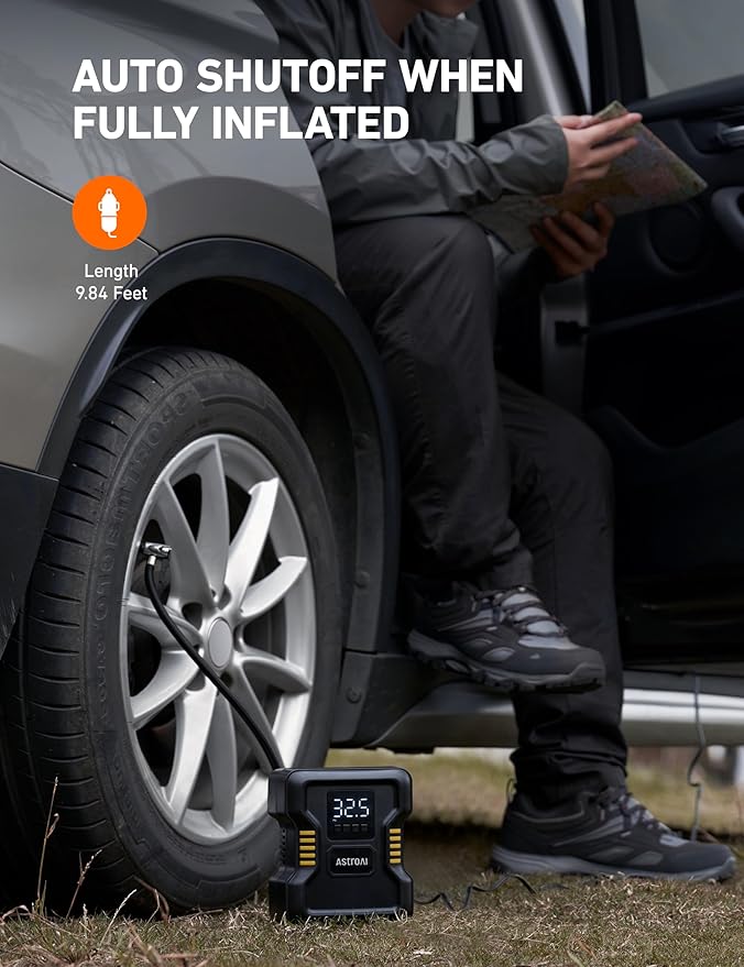 AstroAI Tire Inflator Air Compressor Portable 150PSI Metal Cylinder Fast Inflation Pump 12V DC with LED Light for Cars, Bicycles, Other Inflatables, Car Accessories JY21P160-12