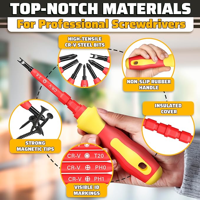 14 Tips Multi Bit Screw Driver Kit - Screwdriver Set for Various Uses, Versatile Head Types (Crosshead, Slotted, 6-Point, Square, Hexagonal), Strong Magnetic Tips and Insulated Cover, Convenient Case