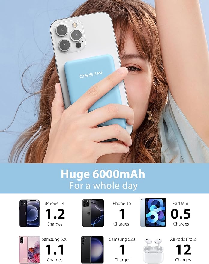 6000mah Ultra Slim Built in Cables Power Bank, Card Size Built in USB C Cords Battery Pack Portable Charger for Phones, 3 Output External Battery Pack Compatible with iPhone, Samsung, Google, Blue