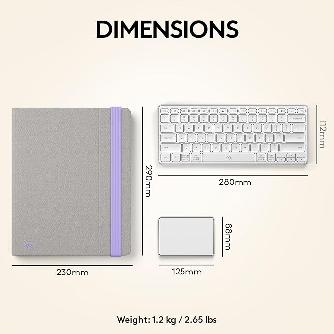 Logitech Casa Pop Up Desk Kit - Adjustable Laptop Stand for Desk, Wireless Keyboard & Touchpad, Bluetooth, USB C Charging, Nordic Calm, Tan/Purpl