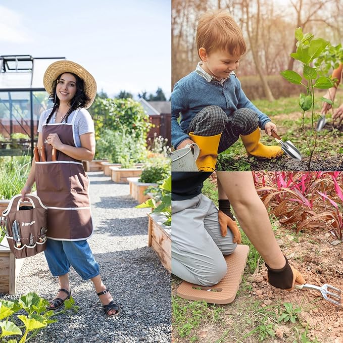 Brown Gardening Tools Set 12-Piece, Garden Hand Tool Kit with Non-Slip Ergonomic Handle, Storage Tote Bag, Garden Apron, Gloves and Kneeling Pad, Gardening Gifts for Women Men Plant Lover