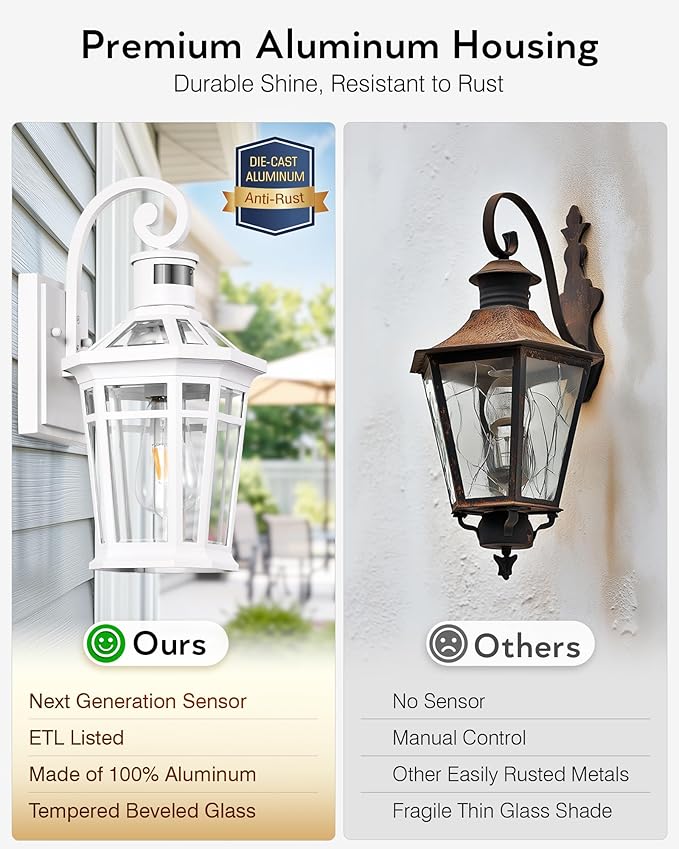 Motion Sensor Outdoor Wall Lantern, White Outdoor Lighting Fixtures Wall Mount, Dusk to Dawn Exterior Sconce Lights with Beveled Glass, Waterproof Exterior Front Porch Lights for Garage, Coach
