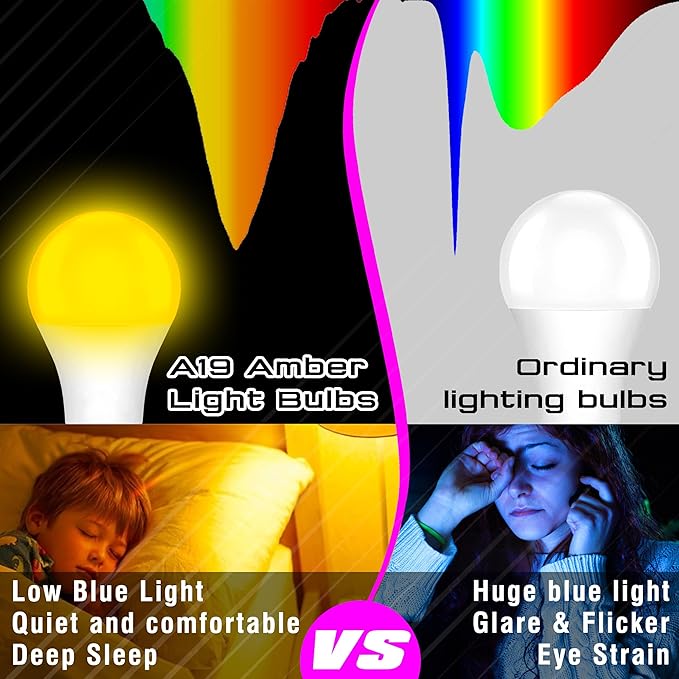 E26 Amber Light Bulbs 2000K, Warm Light Bulb 60W Equivalent, 800lm, A19 9W Soft Yellow Light Bulbs for Porch, Patio, Bedroom, Nursery, Healthy Sleep, Night Light, Non-Dimmable, 2 Pack