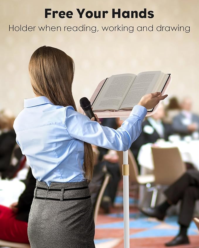 2 in 1 Dual-use Floor Book Stand & Desktop Book Stand,Height Adjustable from 33-63in, Adjustable Book Holder with Elastic Page Clips for Music Scores, Recipe, Tablet, Laptop(White)