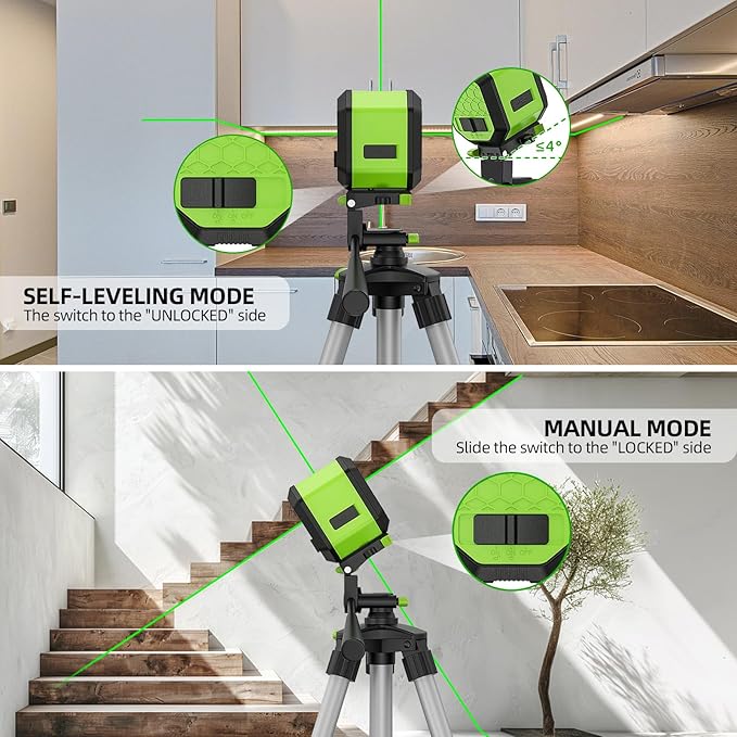 Laser Level, HUEPAR Self leveling Green Cross Line Laser Level 100Ft Accurate Level Laser Tool for DIY Construction & Decoration Indoor Projects, Built-in Li-ion Battery for Longer Working Time