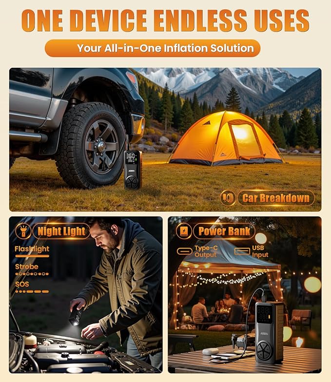 Tire Inflator Portable Air Compressor: 20000mAh & 150PSI Fast Inflation Air Pump for Car Moto Bike Ball - One-Button Control - Senior-Friendly Solution for Elderly Drivers