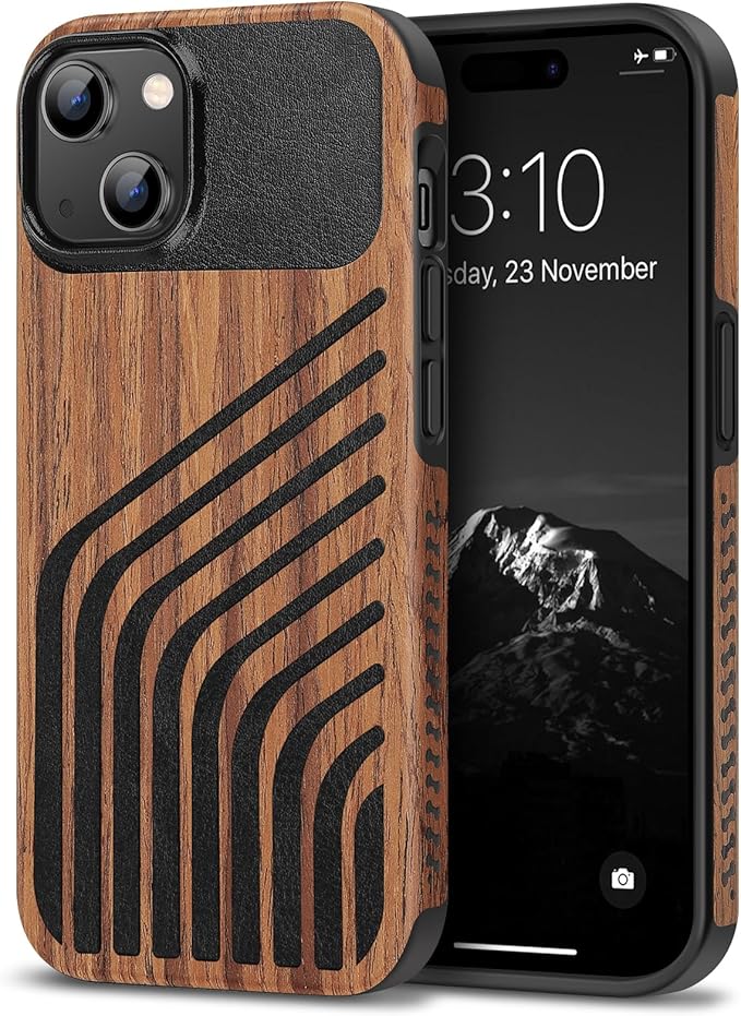 TENDLIN Compatible with iPhone 15 Case Wood Grain with Carbon Fiber Texture Design Leather Hybrid Slim Case (Hairline)